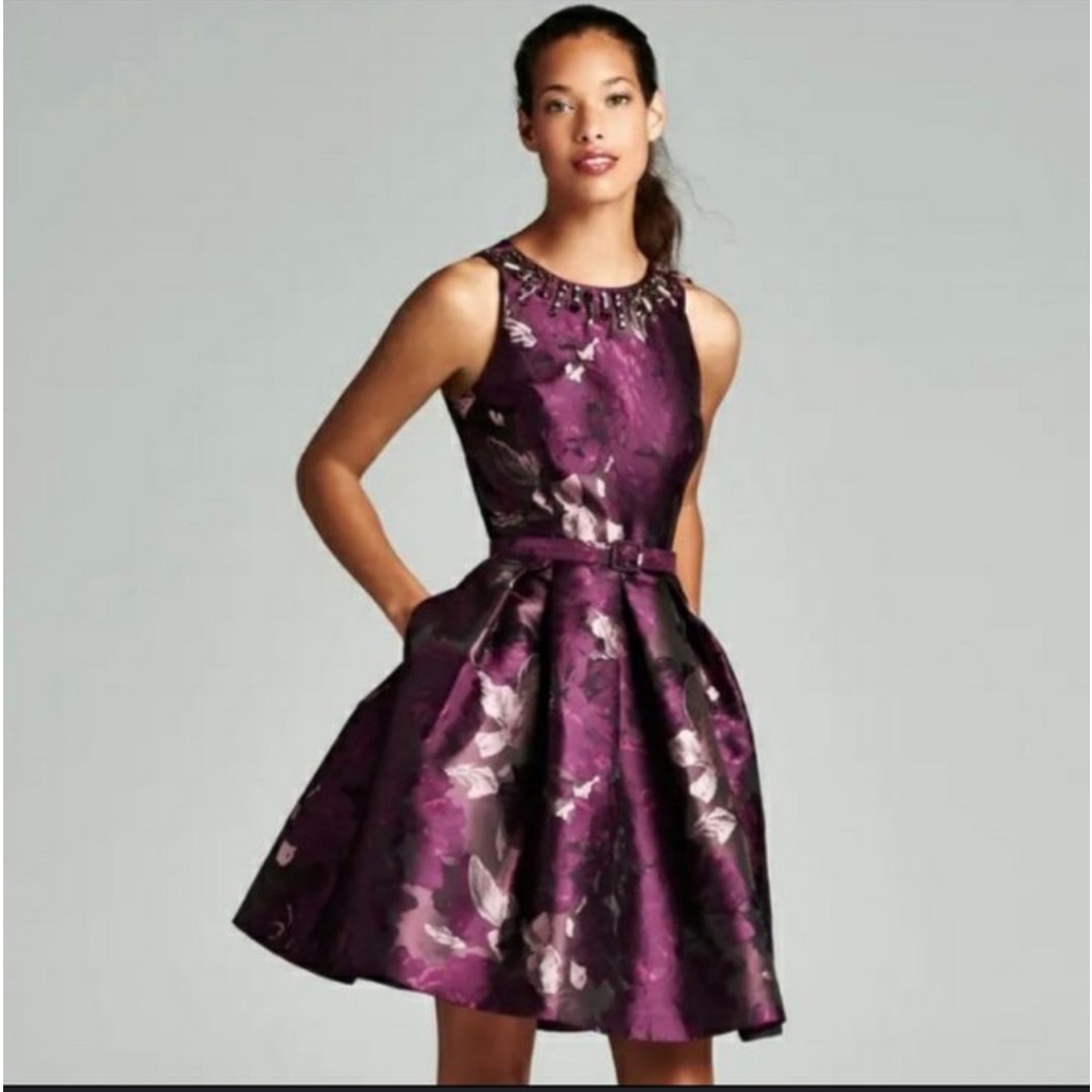 Eliza ji purple jaguar print jeweled neck structure pleated dress 14 cocktail